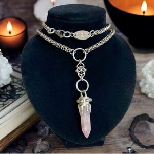 Genuine rose quartz bullet stainless steel maille celtic knot lariat Y necklace